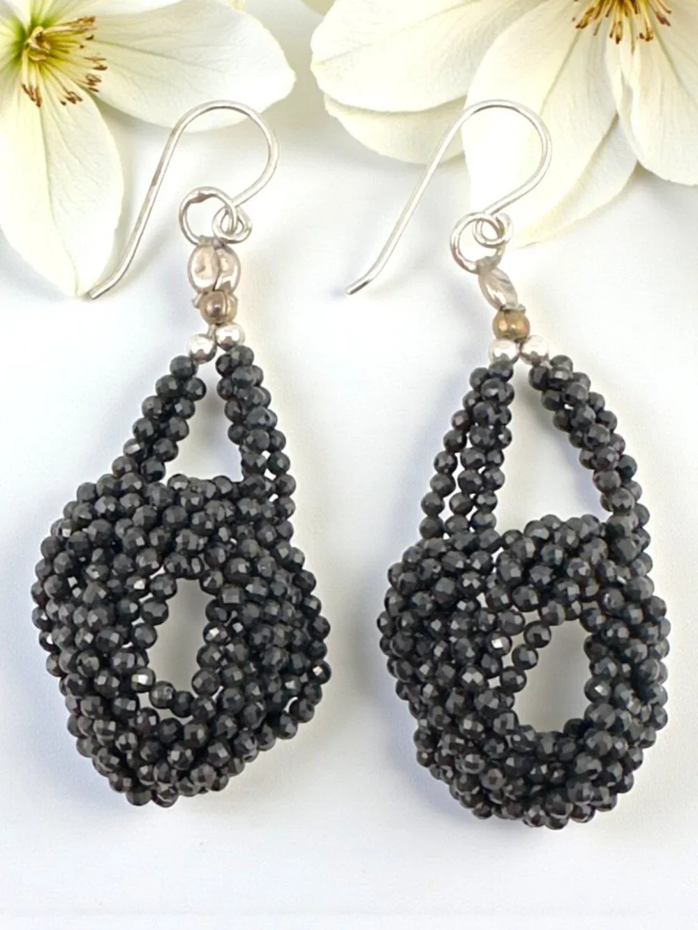 Vintage Black Faceted Beaded Earrings Elegant Openwork Sculptural Dangle 2.5